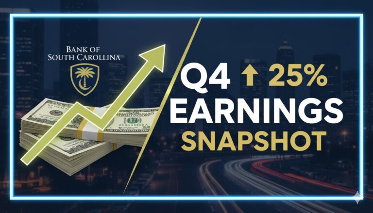 A modern bank building with South Carolina state flag in the background