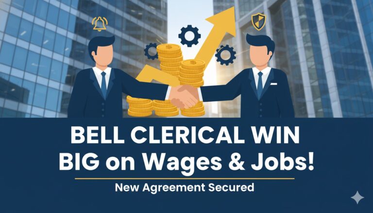 Group of clerical workers in a modern office setting discussing documents with Bell branding in the background