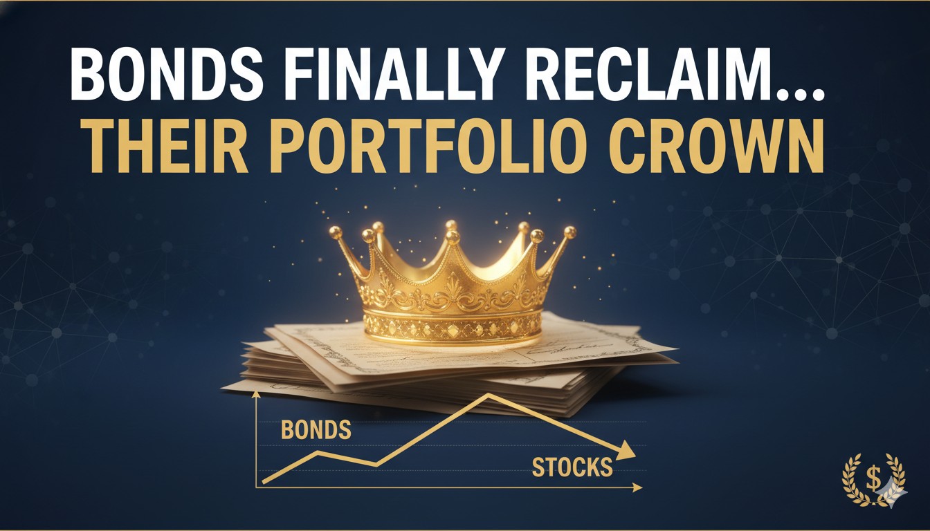 Golden crown resting atop a stack of U.S. Treasury bonds symbolizing their renewed dominance in investment strategies.