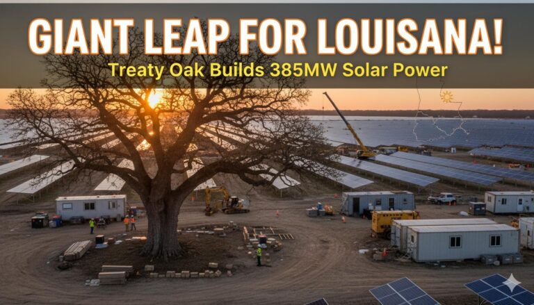 Aerial view of utility-scale solar panels under construction in rural Louisiana landscape with fields and clear skies.