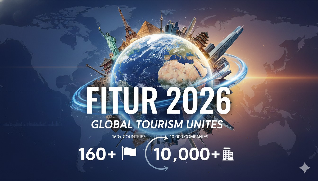 Aerial view of bustling exhibition halls filled with international tourism booths at FITUR 2026 in Madrid.