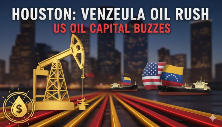 Vibrant Houston skyline at dusk with oil derricks silhouetted against the cityscape