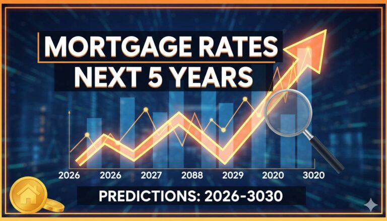 A modern suburban home with a "For Sale" sign in the front yard, under a clear blue sky, with a superimposed graph showing mortgage rate trends declining slightly over a five-year timeline.