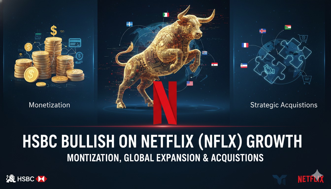 Netflix logo overlaid on global map with growth arrows and acquisition icons