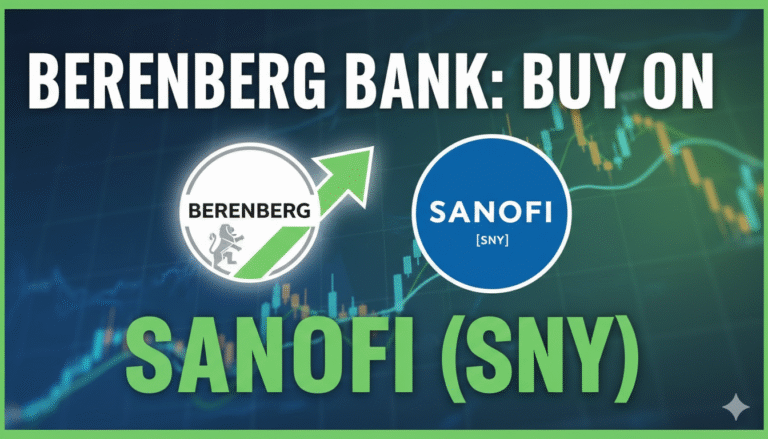 Graph illustrating Sanofi's stock price trend with upward arrow indicating growth potential.