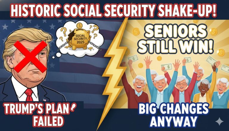 President Trump speaking at a podium with Social Security documents in the background.