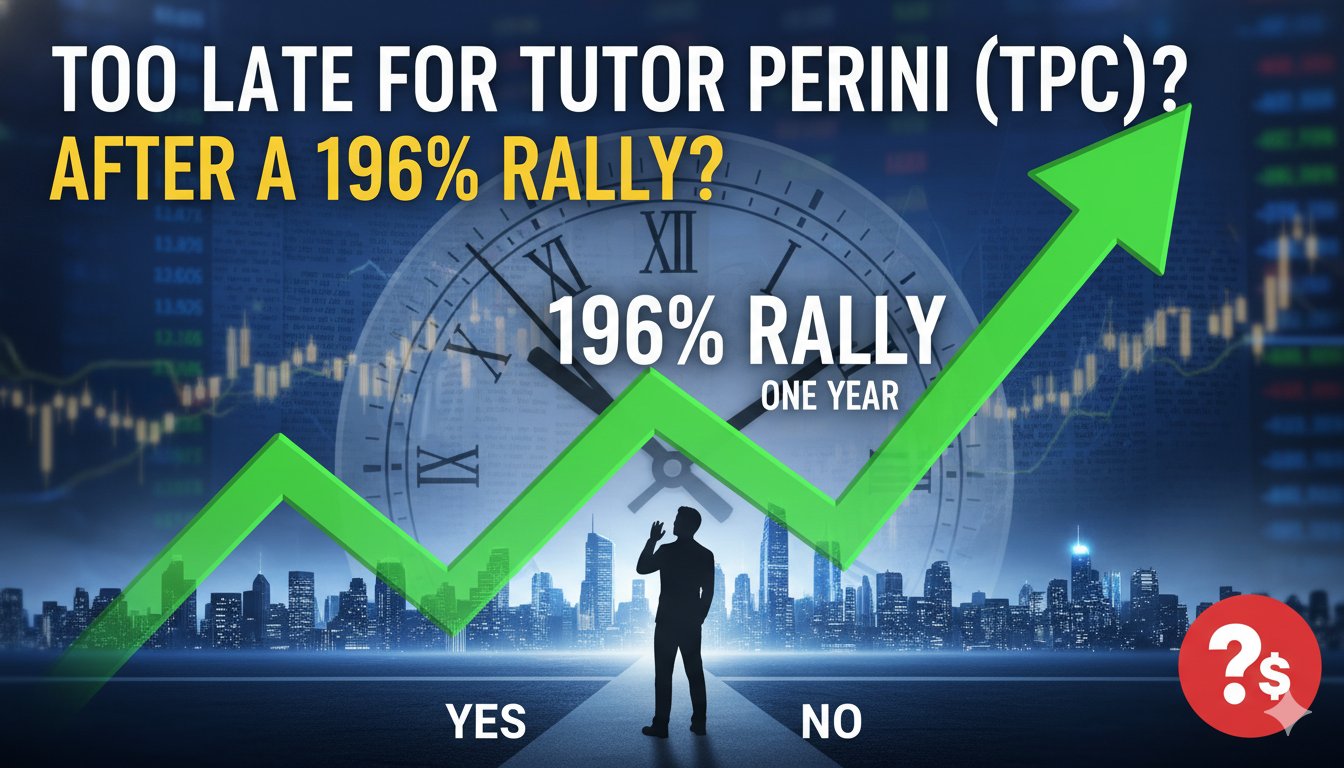 Line chart depicting the 196% rise in Tutor Perini (TPC) stock price over the past year against a backdrop of construction cranes and financial graphs.