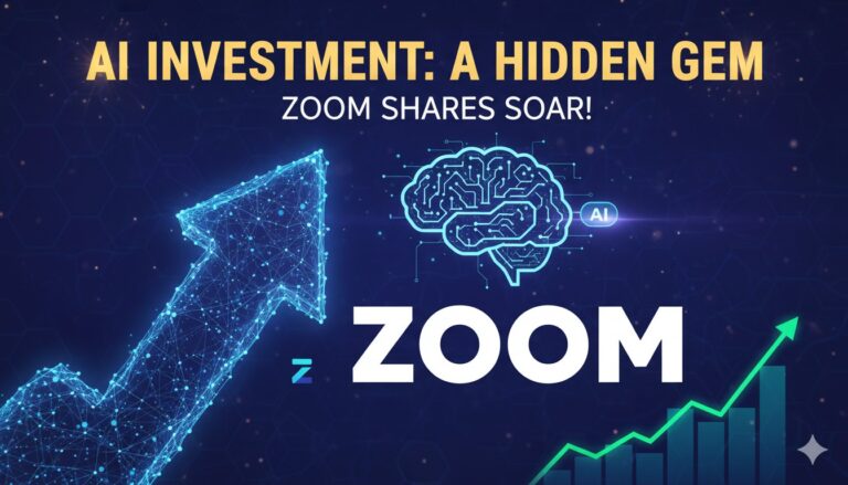 Stock chart of Zoom Communications (ZM) showing a sharp upward spike with AI circuit patterns and the Zoom logo in the background