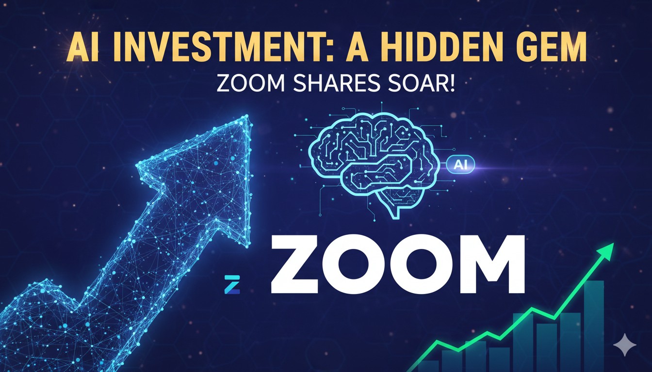 Stock chart of Zoom Communications (ZM) showing a sharp upward spike with AI circuit patterns and the Zoom logo in the background