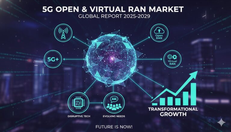 Futuristic 5G network architecture with interconnected nodes and data flows