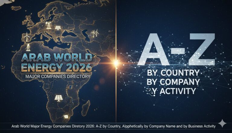 Directory listing of major energy companies in the Arab world organized by country, name, and activity in 2026, featuring oil, gas, and renewable leaders.