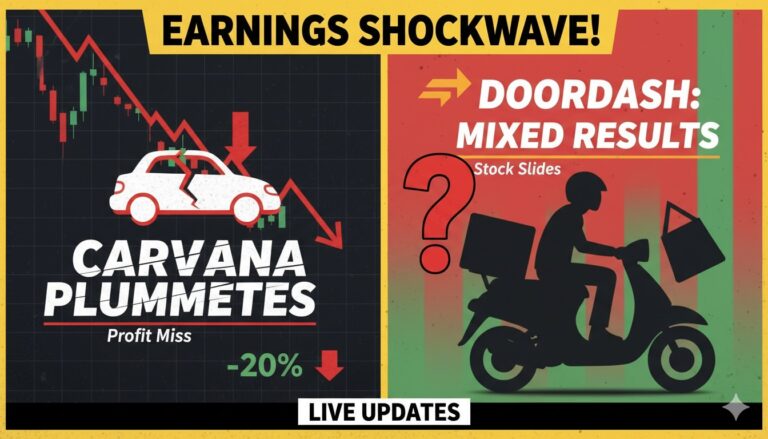 Stock charts showing Carvana and DoorDash shares declining after Q4 earnings reports