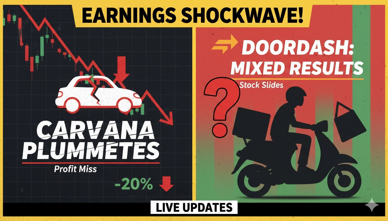 Stock charts showing Carvana and DoorDash shares declining after Q4 earnings reports