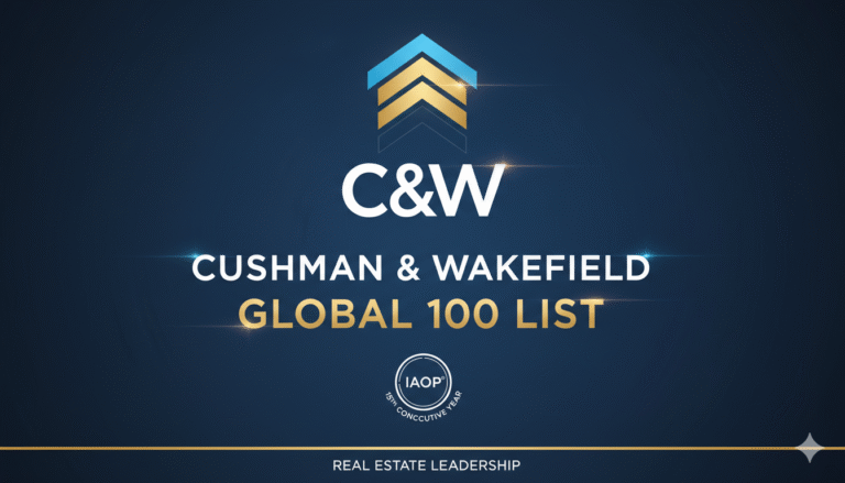 Cushman & Wakefield logo with IAOP Global 100 award badge highlighting 15 consecutive years of recognition in outsourcing leadership