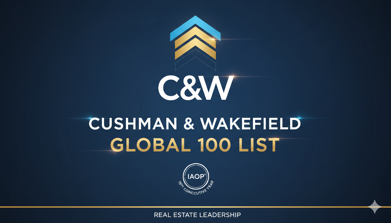 Cushman & Wakefield logo with IAOP Global 100 award badge highlighting 15 consecutive years of recognition in outsourcing leadership