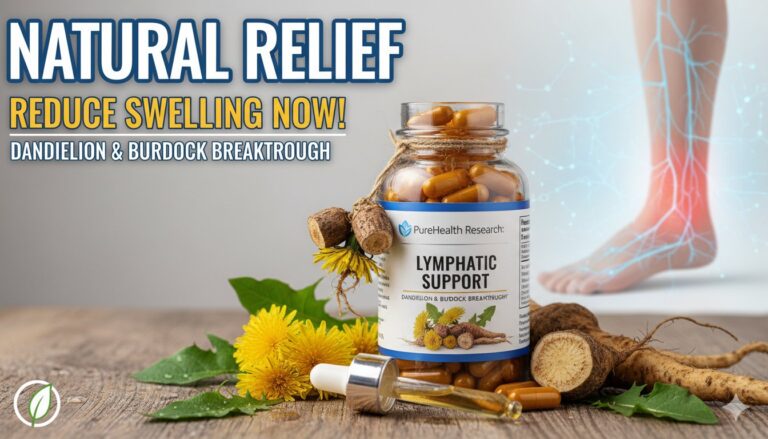 Close-up of dandelion and burdock root plants with capsules of lymphatic support supplement in background