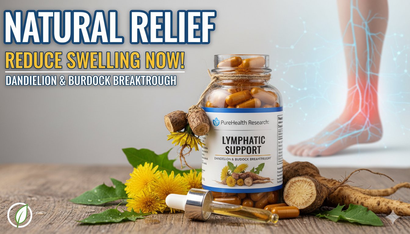 Close-up of dandelion and burdock root plants with capsules of lymphatic support supplement in background