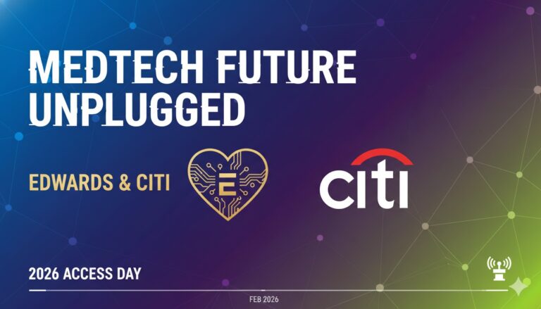 Edwards Lifesciences corporate logo with structural heart valve medical device illustration and stock chart background representing investor event.
