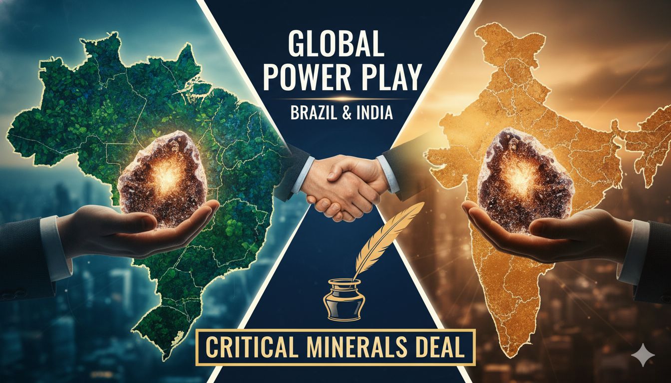 Indian Prime Minister Narendra Modi and Brazilian President Luiz Inacio Lula da Silva shaking hands after signing critical minerals agreement in New Delhi