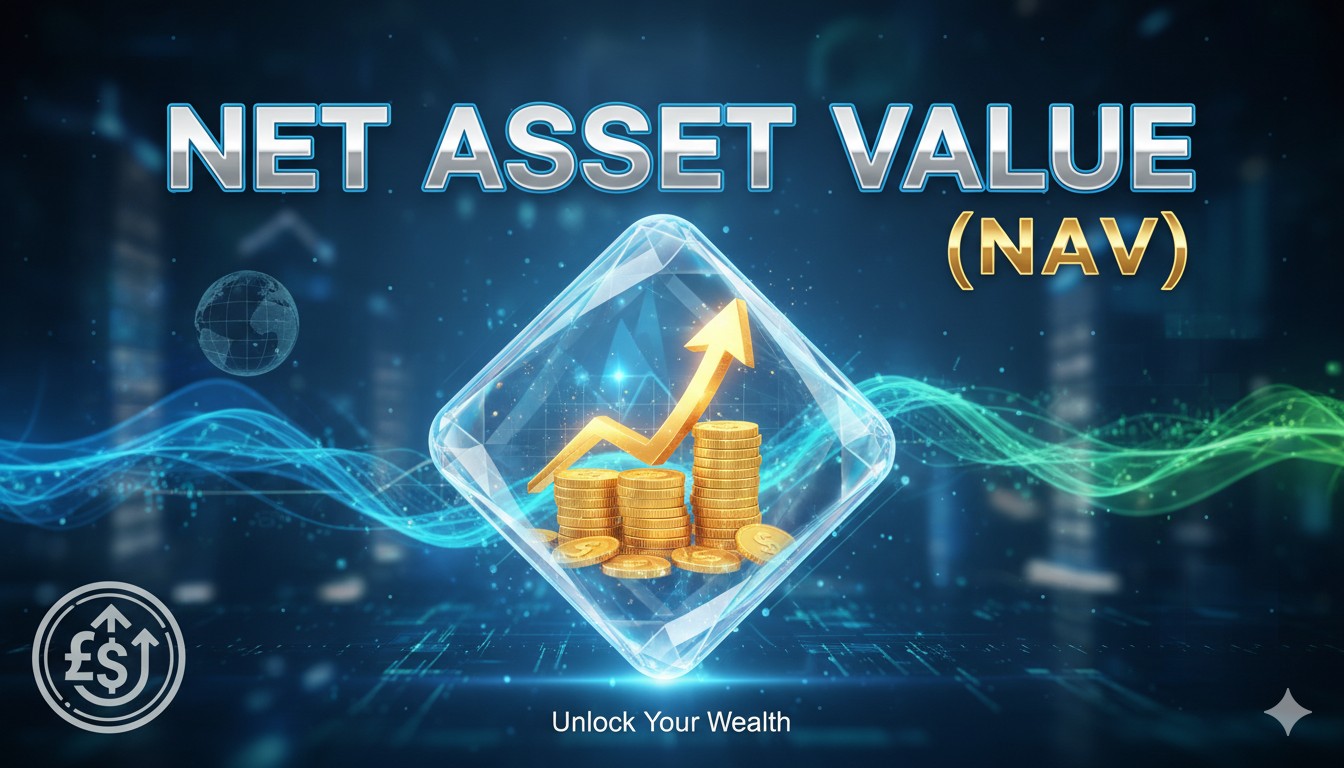 Illustration of a financial chart showing Net Asset Value (NAV) calculation for investment funds with assets, liabilities, and per-share value.