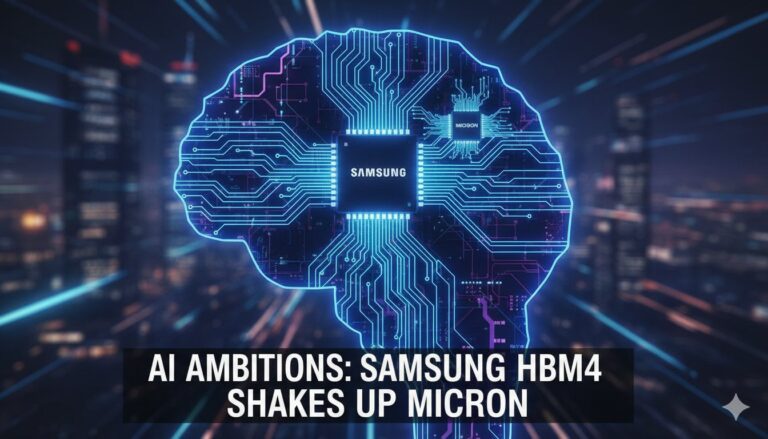 Close-up of advanced HBM4 memory chips on a circuit board, highlighting Samsung's latest AI-optimized high-bandwidth memory technology.