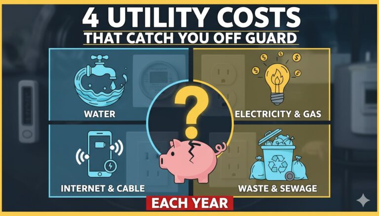 Illustration of a surprised family looking at a high utility bill statement with seasonal icons like snowflakes and sun representing heating and cooling costs