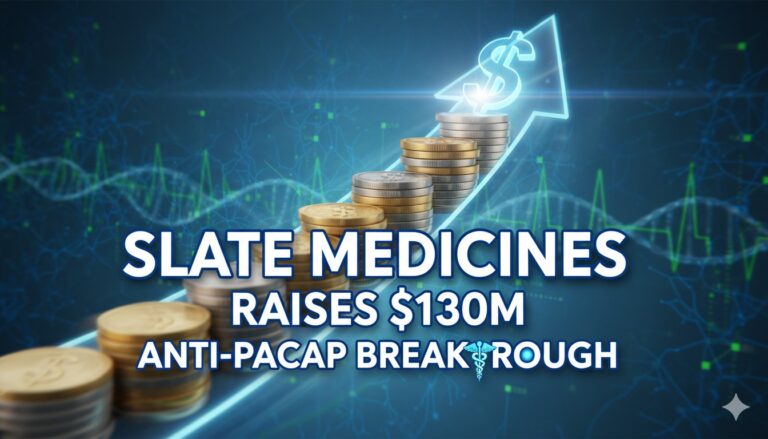 Slate Medicines logo with abstract representation of migraine pathways and antibody targeting PACAP protein