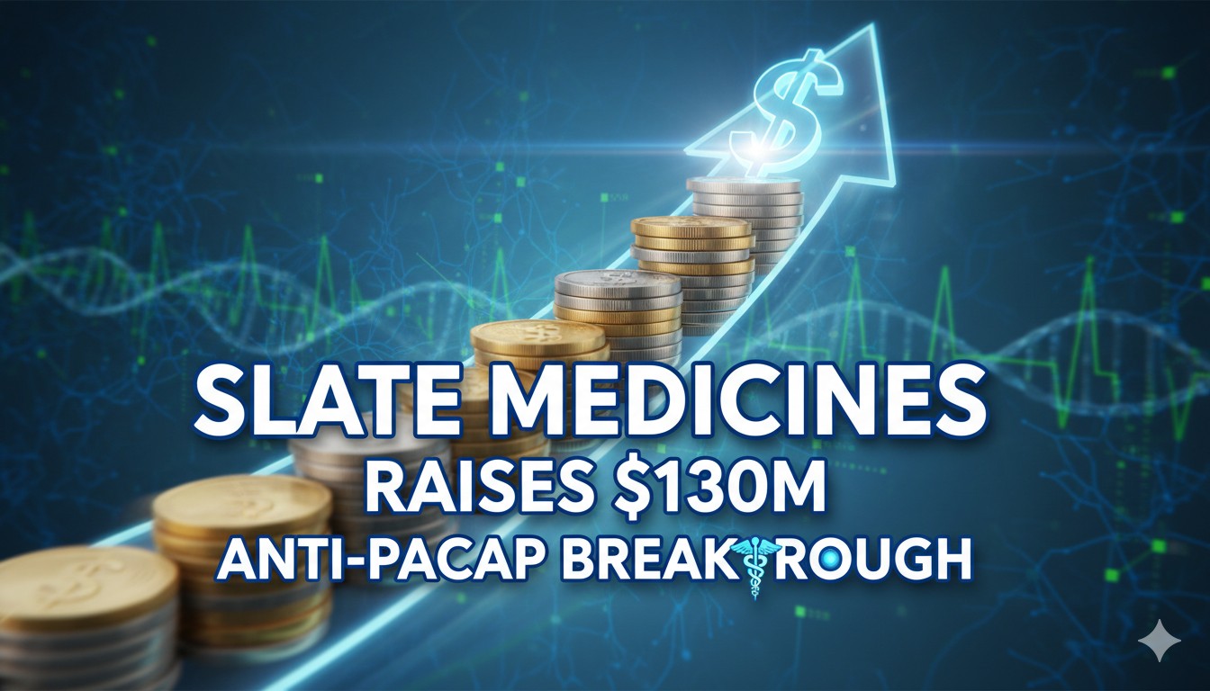 Slate Medicines logo with abstract representation of migraine pathways and antibody targeting PACAP protein