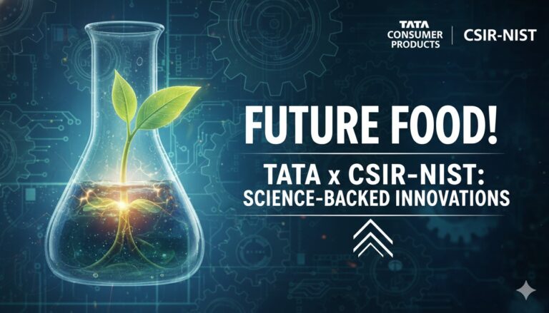 Tata Consumer Products logo alongside CSIR-NIIST research lab imagery representing food science collaboration for innovative rice, salt, and coffee technologies