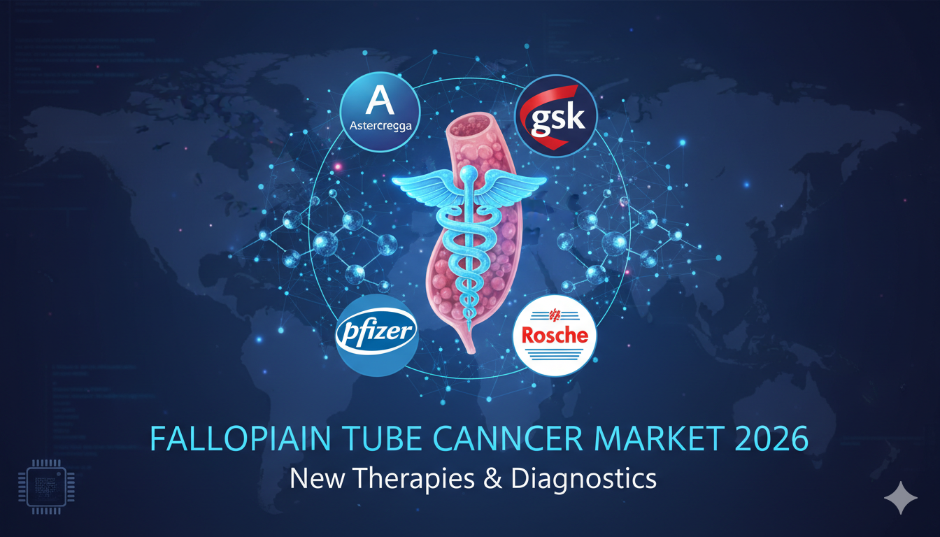 Alt Text for featured image : Microscopic view of fallopian tube cancer cells with targeted therapy mechanisms and pharmaceutical logos in background