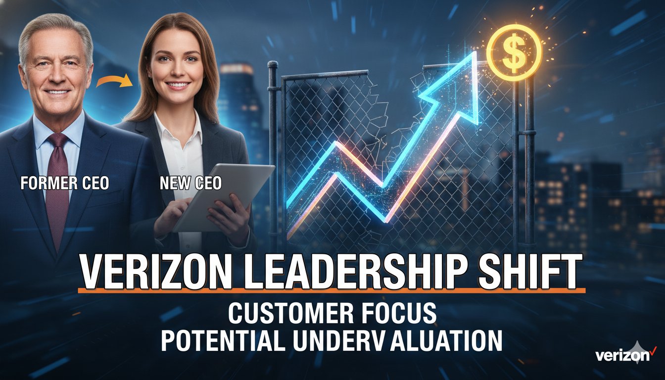 Alt Text for featured image : Verizon corporate logo with abstract network connections and leadership transition elements symbolizing customer focus and stock undervaluation