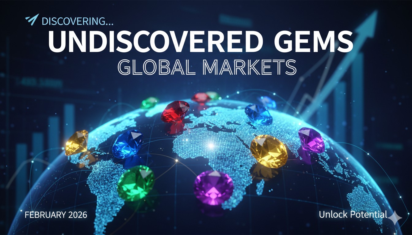 Stock market chart showing global indices with emerging market highlights and undervalued stock icons in February 2026