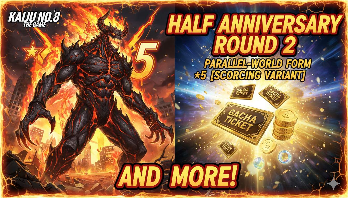 Dynamic digital artwork of ★5 [Scorching Variant] Kaiju No. 8 in a blazing parallel-world form, surrounded by flames and ice shards in a kaiju battle arena.