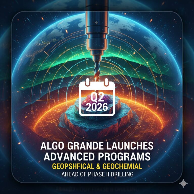 High-resolution drone conducting magnetic survey over rugged terrain at Algo Grande's Adelita copper project in Sonora, Mexico, with exploration equipment and geological mapping in progress.