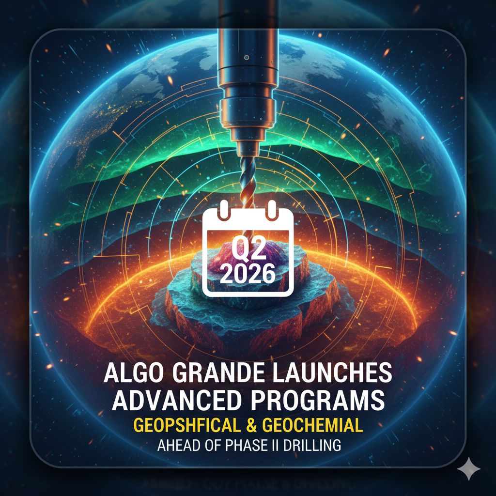 High-resolution drone conducting magnetic survey over rugged terrain at Algo Grande's Adelita copper project in Sonora, Mexico, with exploration equipment and geological mapping in progress.