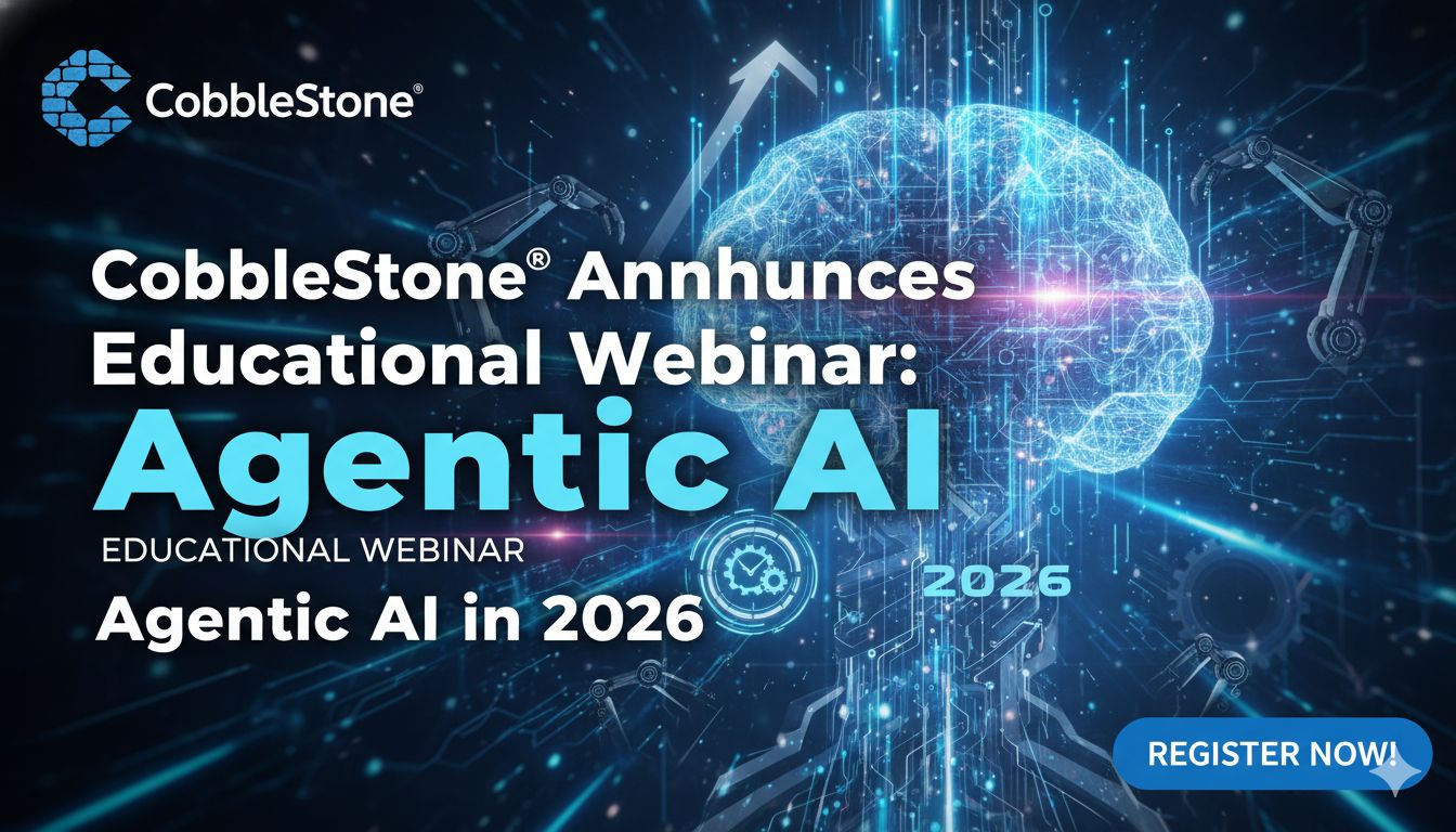CobbleStone Software logo with futuristic AI elements representing agentic intelligence in contract risk prediction for 2026 webinar announcement