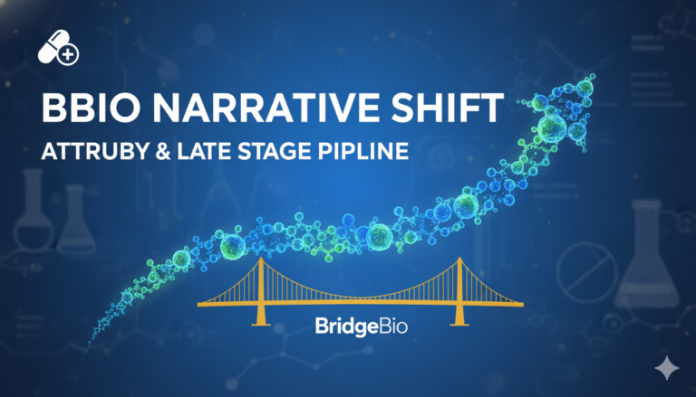 BridgeBio Pharma headquarters building with BBIO stock ticker and Attruby drug molecule overlay representing pipeline advancement