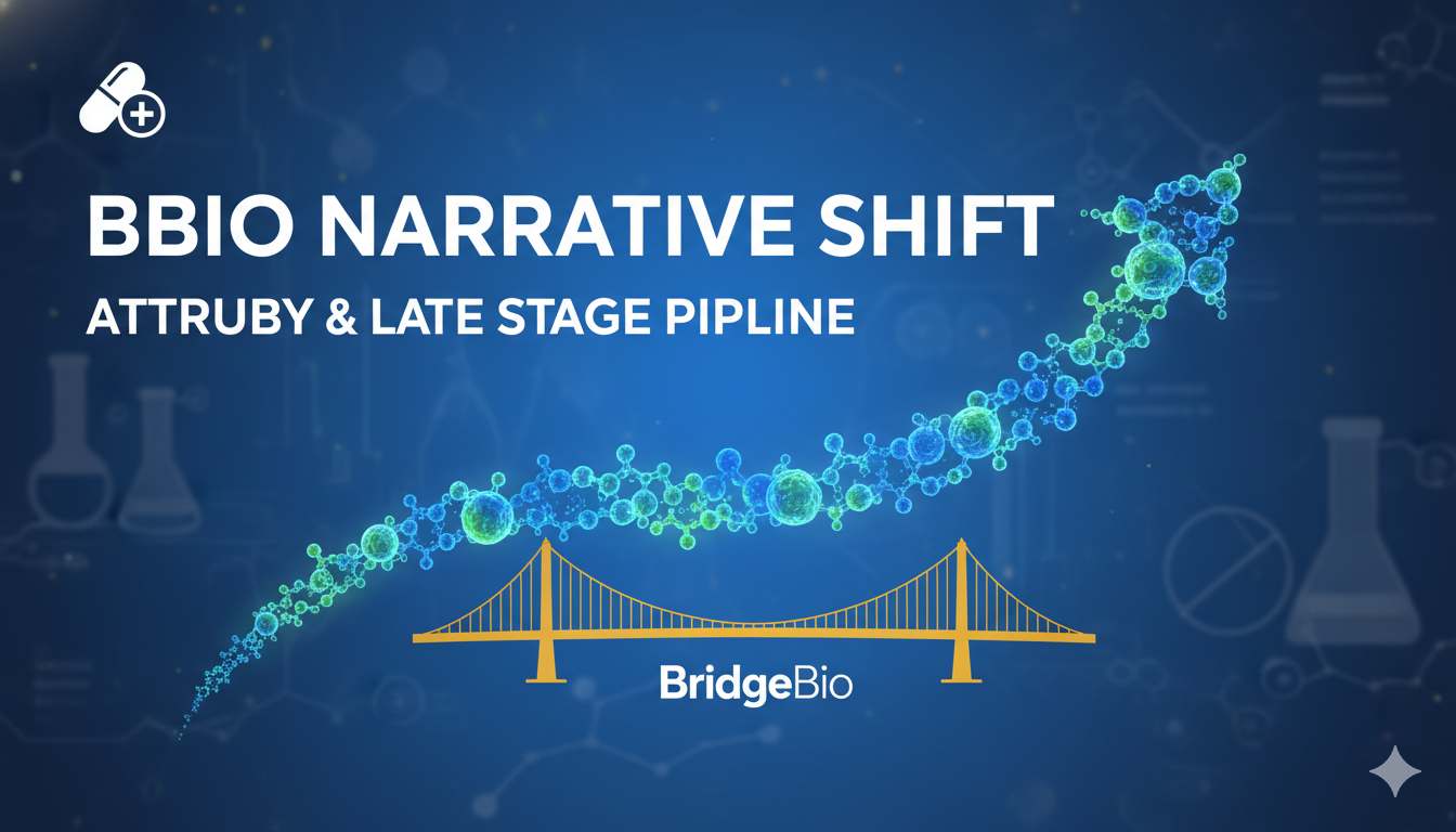 BridgeBio Pharma headquarters building with BBIO stock ticker and Attruby drug molecule overlay representing pipeline advancement