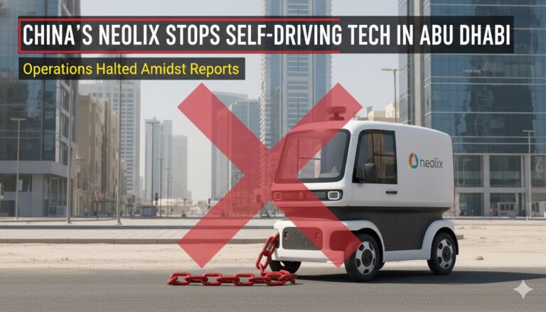 Neolix autonomous RoboVan delivery vehicle operating in urban environment, representing suspended operations in Abu Dhabi due to regional tensions.