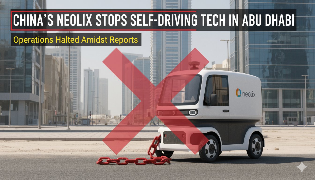 Neolix autonomous RoboVan delivery vehicle operating in urban environment, representing suspended operations in Abu Dhabi due to regional tensions.