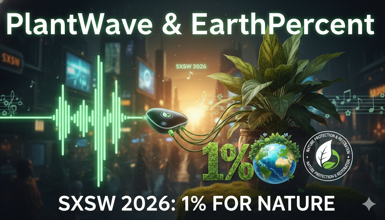 PlantWave device connected to a lush green houseplant generating music notes, symbolizing the launch of 1% revenue donation to EarthPercent for nature protection at SXSW 2026.