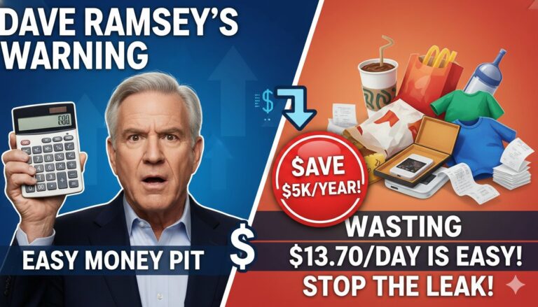 Illustration of a person holding a coffee cup and shopping bags with money leaking out, representing daily unnecessary spending adding up to $5,000 a year.