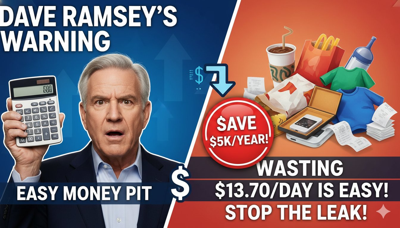 Illustration of a person holding a coffee cup and shopping bags with money leaking out, representing daily unnecessary spending adding up to $5,000 a year.