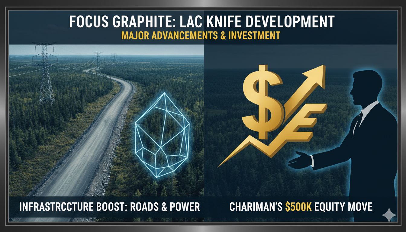 Alt Text for featured image : Focus Graphite Lac Knife project site in Quebec with conceptual access road and powerline infrastructure overlay, highlighting northern development
