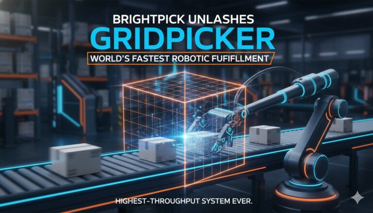 Alt Text for featured image : Brightpick Gridpicker robotic fulfillment system in a high-density warehouse grid with AI-powered mobile manipulators picking items