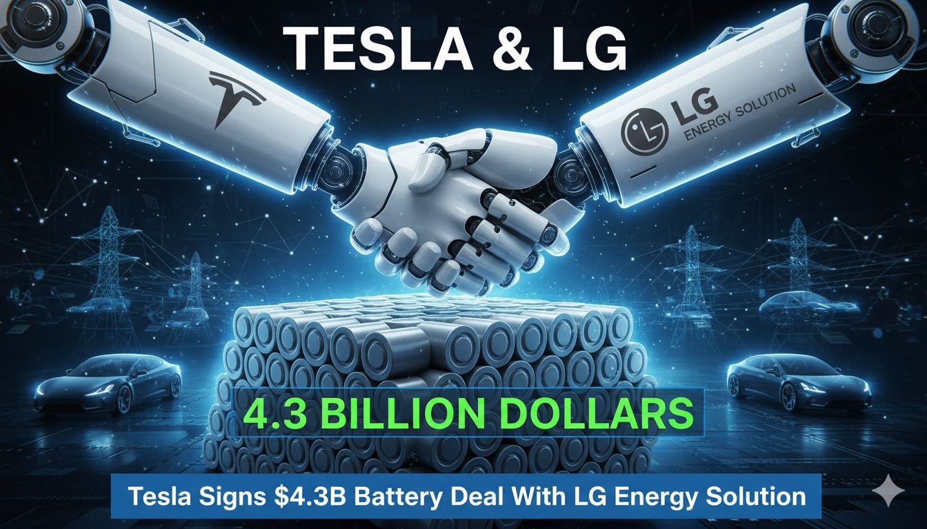 Alt Text for featured image : Tesla Megapack energy storage units with LG Energy Solution battery cells in a US manufacturing context