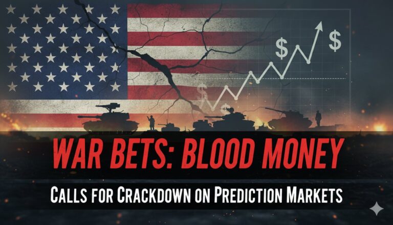 Stock market charts overlaid with military conflict symbols representing prediction markets betting on war events