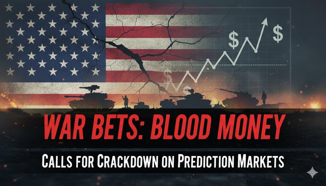 Stock market charts overlaid with military conflict symbols representing prediction markets betting on war events