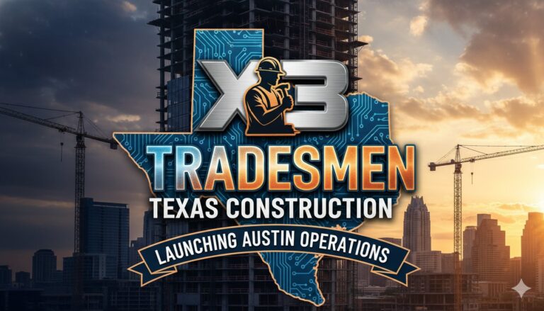 X3 Tradesmen team deploying skilled electricians, plumbers, and HVAC technicians on a bustling Austin construction site amid Texas skyline and ongoing development projects.